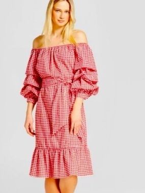 Who What Wear Red Gingham Off-Shoulder Midi Dress with Tie Waist